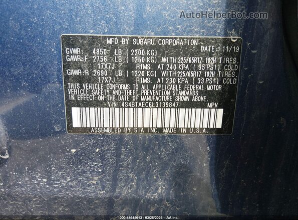 4S4BTAEC6L3139847 2020 SUBARU OUTBACK Blue Vista del compartimento del motor
