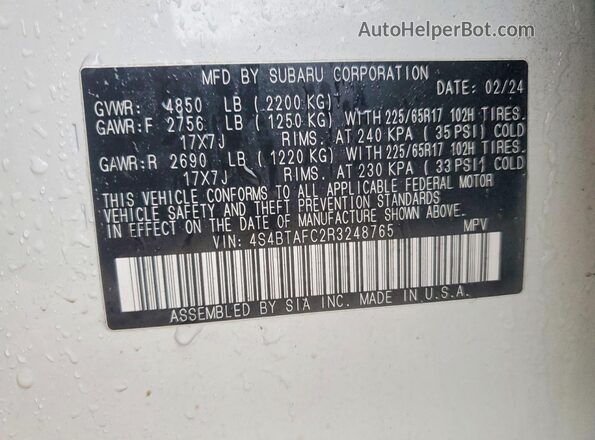 4S4BTAFC2R3248765 2024 SUBARU OUTBACK Белый Вид наклейки с VIN-кодом
