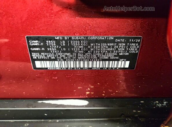 4S4BTAFC3M3142821 2021 SUBARU OUTBACK Темно-бордовый Вид наклейки с VIN-кодом