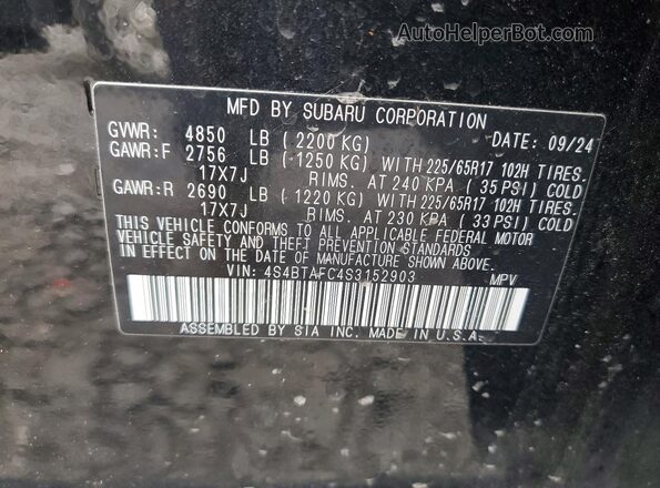 4S4BTAFC4S3152903 2025 SUBARU OUTBACK Черный Вид наклейки с VIN-кодом