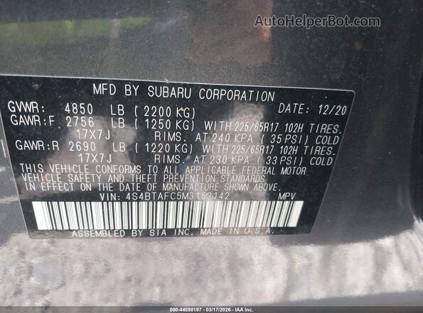 4S4BTAFC5M3153142 2021 SUBARU OUTBACK Gray Вид підкапотного простору