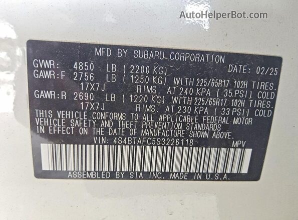 4S4BTAFC5S3226118 2025 SUBARU OUTBACK Белый Вид наклейки с VIN-кодом