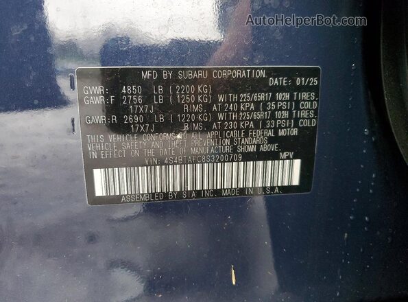 4S4BTAFC8S3200709 2025 SUBARU OUTBACK Blue ძრავის განყოფილების ხედი