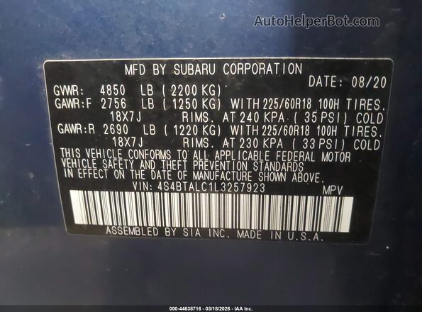 4S4BTALC1L3257923 2020 SUBARU OUTBACK Синий Вид подкапотного пространства