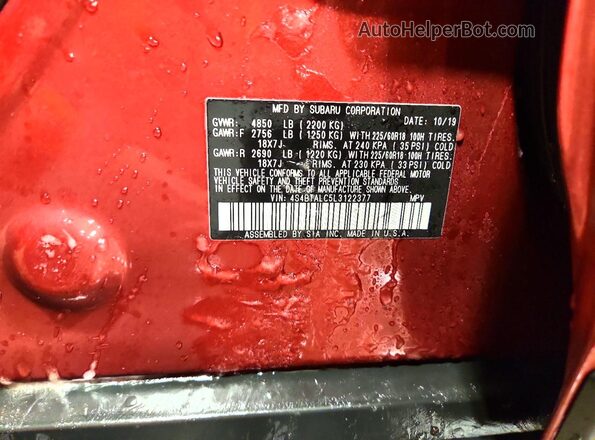 4S4BTALC5L3122377 2020 SUBARU OUTBACK Темно-бордовый Вид наклейки с VIN-кодом