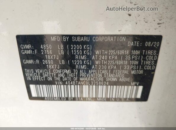 4S4BTANC0L3258624 2020 SUBARU OUTBACK Белый Вид подкапотного пространства
