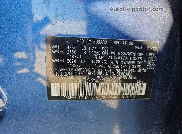4S4BTANC8L3175295 2020 SUBARU OUTBACK Синий Панорамный вид салона 360°
