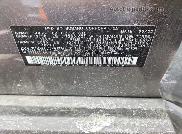 4S4BTANCXN3211202 2022 SUBARU OUTBACK Charcoal Widok naklejki z numerem VIN