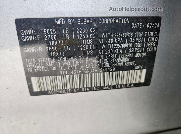 4S4BTGND4R3249199 2024 SUBARU OUTBACK Серебряный Вид наклейки с VIN-кодом
