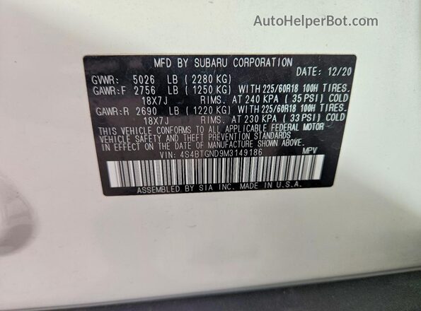 4S4BTGND9M3149186 2021 SUBARU OUTBACK White Вид наклейки з VIN-кодом