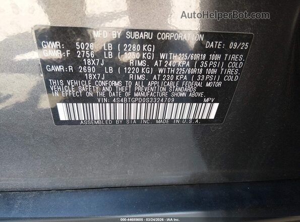 4S4BTGPD0S3324709 2025 SUBARU OUTBACK Серый Вид подкапотного пространства