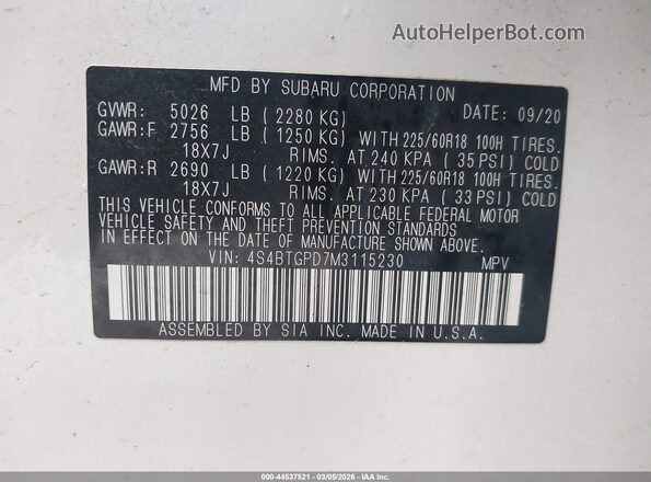 4S4BTGPD7M3115230 2021 SUBARU OUTBACK White Вид підкапотного простору