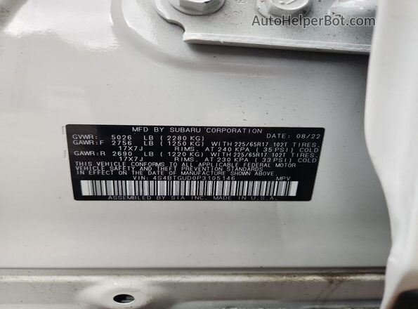 4S4BTGUD0P3105146 2023 SUBARU OUTBACK Белый Вид наклейки с VIN-кодом