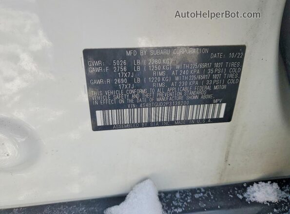 4S4BTGUD2P3138200 2023 SUBARU OUTBACK Белый Вид подкапотного пространства