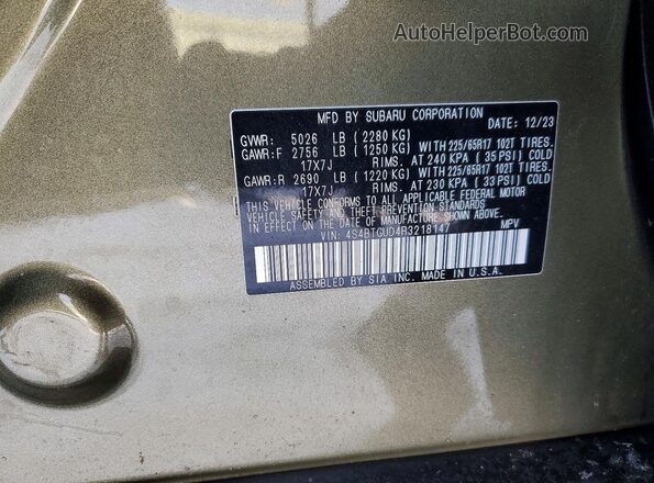 4S4BTGUD4R3218147 2024 SUBARU OUTBACK Зеленый Панорамный вид салона 360°