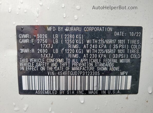 4S4BTGUD7P3123305 2023 SUBARU OUTBACK Белый Панорамный вид салона 360°