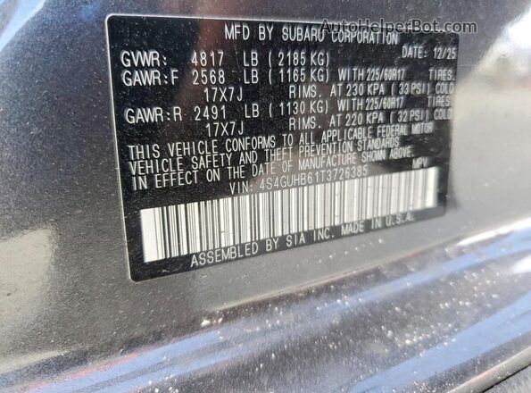 4S4GUHB61T3726385 2026 SUBARU CROSSTREK Серый Вид наклейки с VIN-кодом