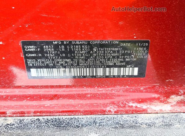 4S4GUHD62T3715781 2026 SUBARU CROSSTREK Красный Вид наклейки с VIN-кодом