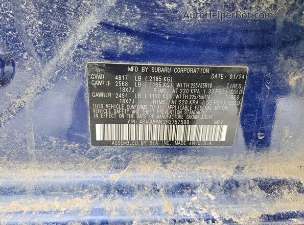 4S4GUHM62R3757599 2024 SUBARU CROSSTREK Синий Панорамный вид салона 360°