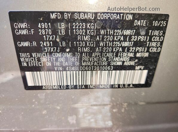 4S4SLDD60T3010063 2026 SUBARU FORESTER Серый Панорамный вид салона 360°