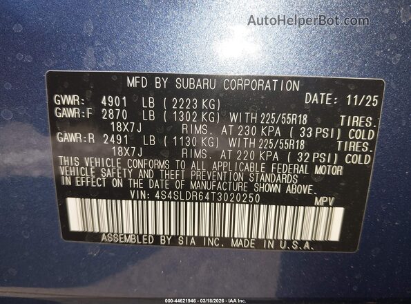 4S4SLDR64T3020250 2026 SUBARU FORESTER Синий Вид подкапотного пространства