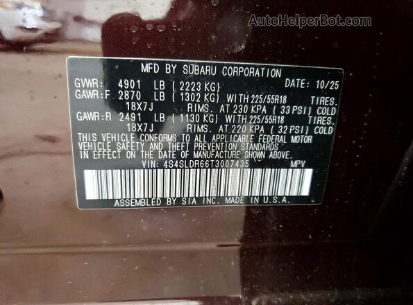 4S4SLDR66T3007435 2026 SUBARU FORESTER Бордовый Вид наклейки с VIN-кодом