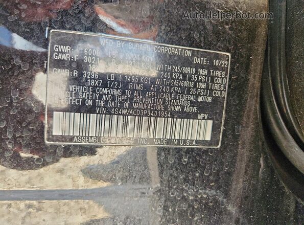 4S4WMACD3P3401954 2023 SUBARU ASCENT Black Vista de la etiqueta del VIN
