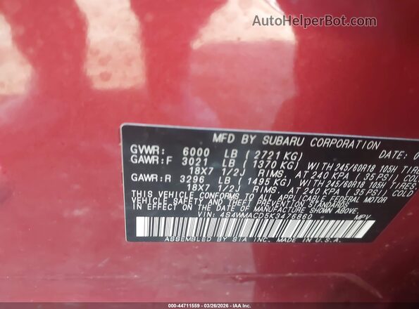 4S4WMACD5K3476860 2019 SUBARU ASCENT Red Вид підкапотного простору