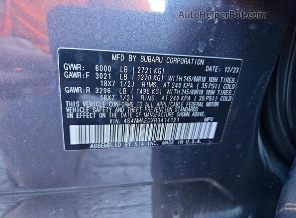 4S4WMAEDXR3414121 2024 SUBARU ASCENT Угольный Вид наклейки с VIN-кодом