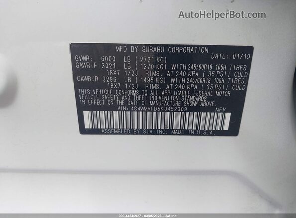 4S4WMAFD5K3452389 2019 SUBARU ASCENT White Vista del compartimento del motor