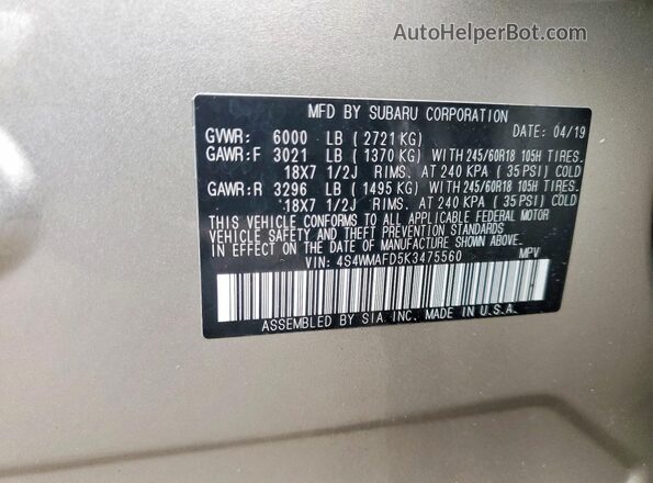 4S4WMAFD5K3475560 2019 SUBARU ASCENT Beige Սալոնի 360 աստիճան տեսք