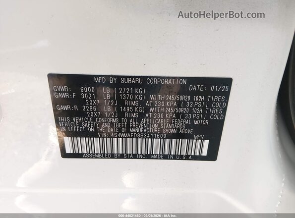 4S4WMAFD8S3411609 2025 SUBARU ASCENT White Вид підкапотного простору
