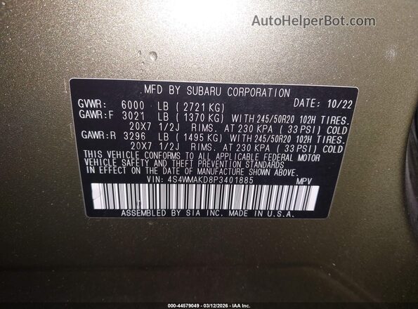 4S4WMAKD8P3401885 2023 SUBARU ASCENT Green Widok komory silnika