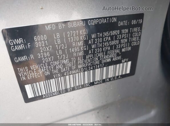 4S4WMALD1L3413417 2020 SUBARU ASCENT Серебряный Вид подкапотного пространства