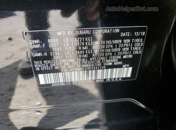4S4WMALD3K3447146 2019 SUBARU ASCENT Black Вид наклейки з VIN-кодом