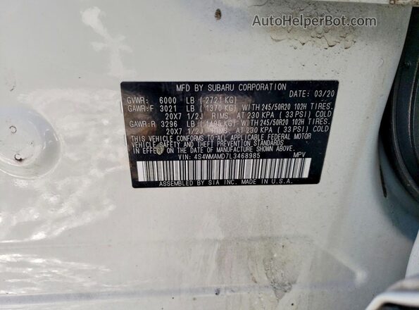 4S4WMAMD7L3468985 2020 SUBARU ASCENT White Widok naklejki z numerem VIN