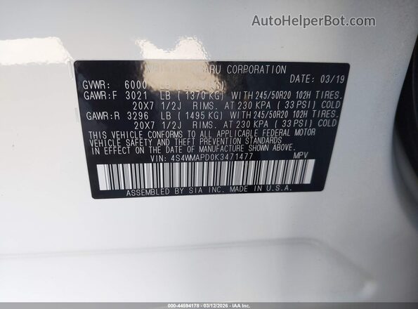 4S4WMAPD0K3471477 2019 SUBARU ASCENT White Engine compartment view