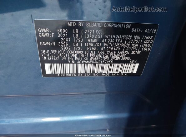 4S4WMAPD3K3457055 2019 SUBARU ASCENT Blue Вид підкапотного простору