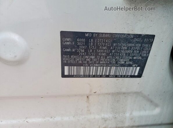 4S4WMAPD8K3465264 2019 SUBARU ASCENT White Vista de la etiqueta del VIN