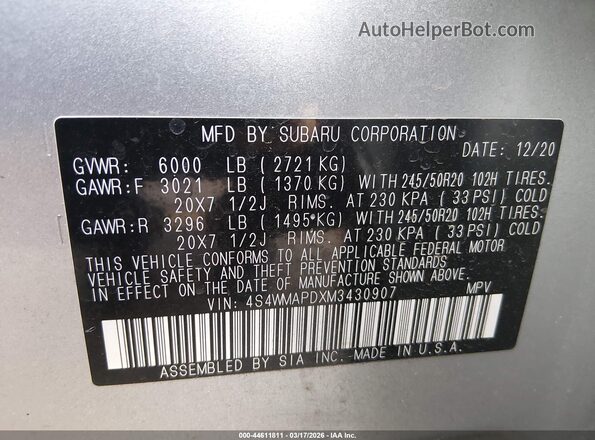 4S4WMAPDXM3430907 2021 SUBARU ASCENT Silver ძრავის განყოფილების ხედი