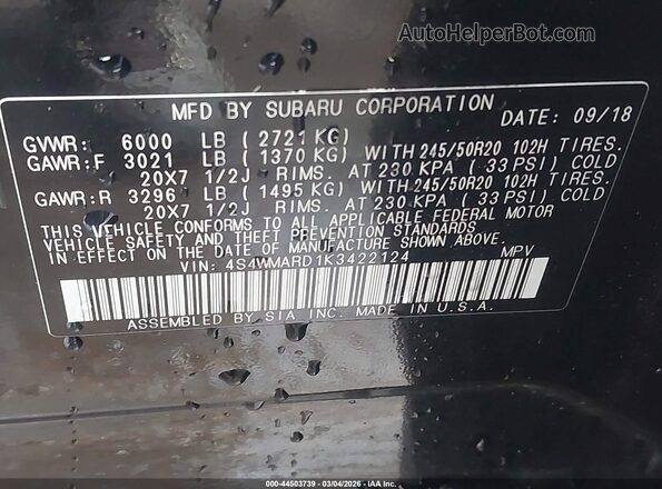 4S4WMARD1K3422124 2019 SUBARU ASCENT Черный Вид подкапотного пространства