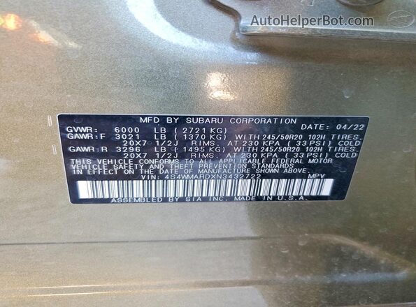 4S4WMARDXN3432722 2022 SUBARU ASCENT Green Widok naklejki z numerem VIN