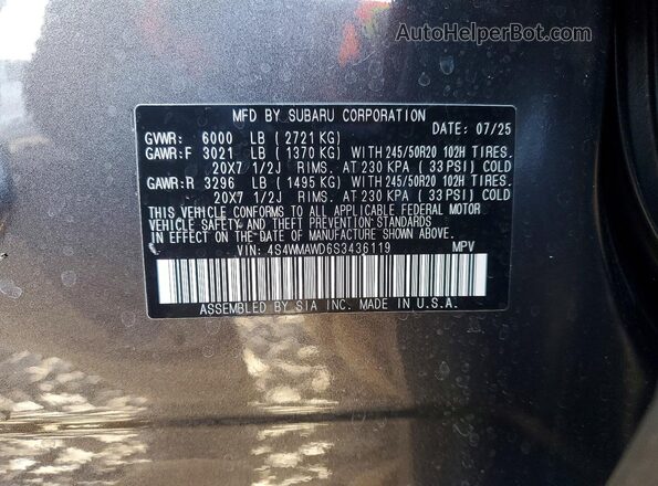 4S4WMAWD6S3436119 2025 SUBARU ASCENT Серый Вид наклейки с VIN-кодом