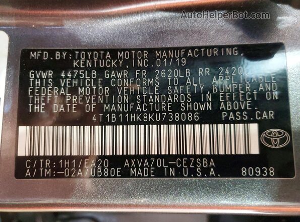 4T1B11HK8KU738086 2019 TOYOTA CAMRY Gray ძრავის განყოფილების ხედი