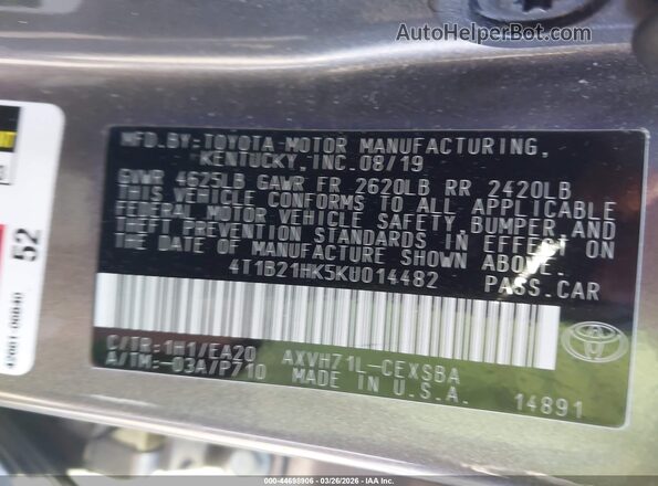 4T1B21HK5KU014482 2019 TOYOTA CAMRY HYBRID Серый Вид подкапотного пространства
