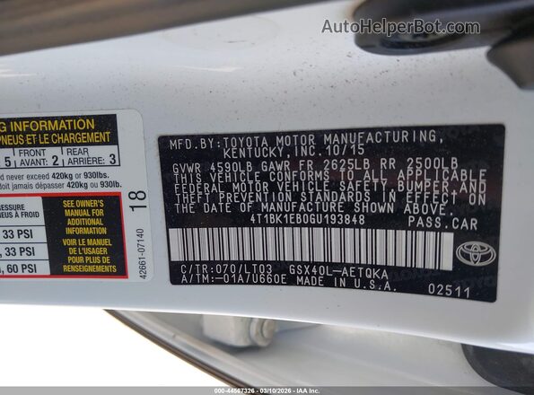 4T1BK1EB0GU193848 2016 TOYOTA AVALON White Շարժիչի բաժամունքի տեսք