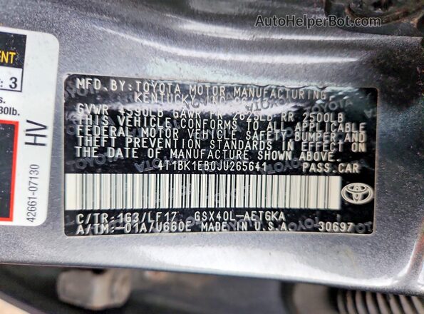 4T1BK1EB0JU265641 2018 TOYOTA AVALON Серый Вид наклейки с VIN-кодом