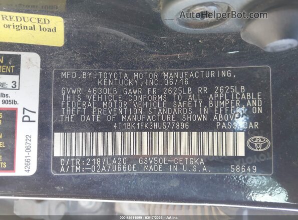 4T1BK1FK3HU577896 2017 TOYOTA LE Черный Вид подкапотного пространства