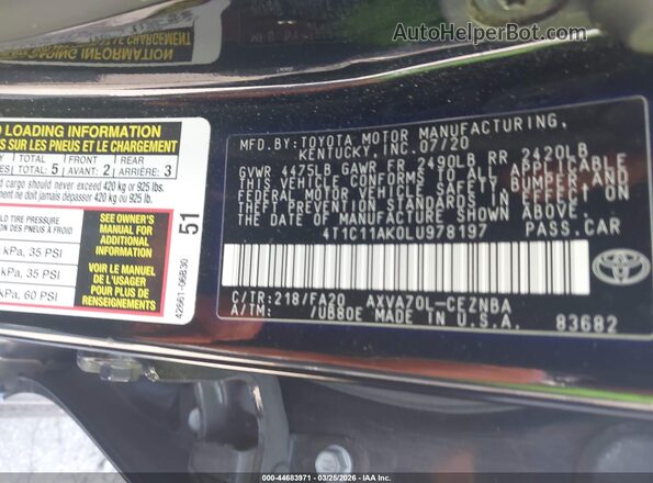 4T1C11AK0LU978197 2020 TOYOTA LE Черный Вид подкапотного пространства