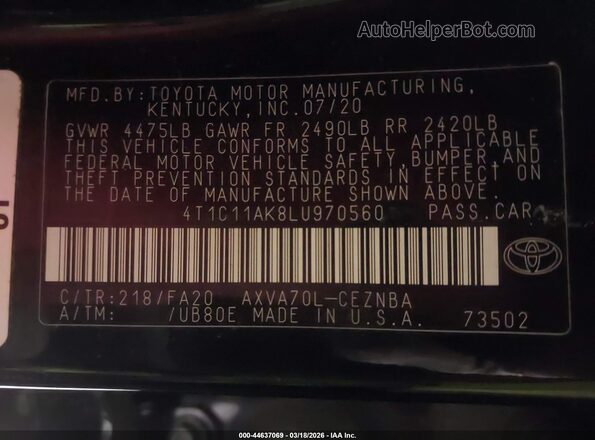 4T1C11AK8LU970560 2020 TOYOTA LE Черный Вид подкапотного пространства